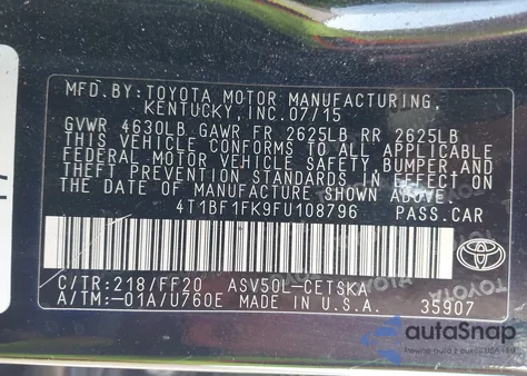 2015 Toyota Camry Se from USA, damaged, VIN 4T1BF1FK9FU108796